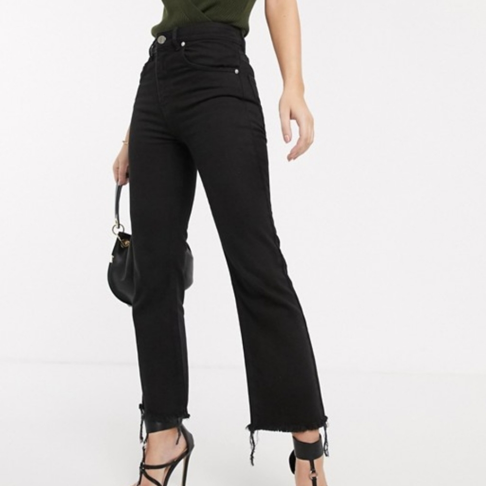 asos high waist raw hem slight flare black jeans.